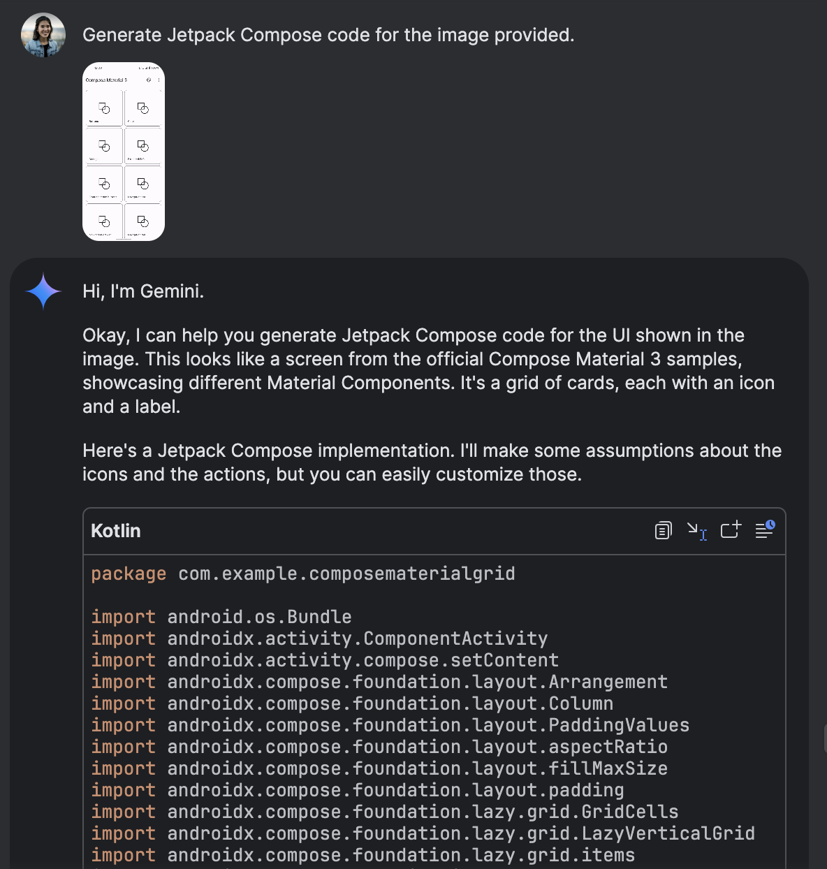 Gemini 对话界面，显示根据图片生成的 Jetpack Compose 代码。