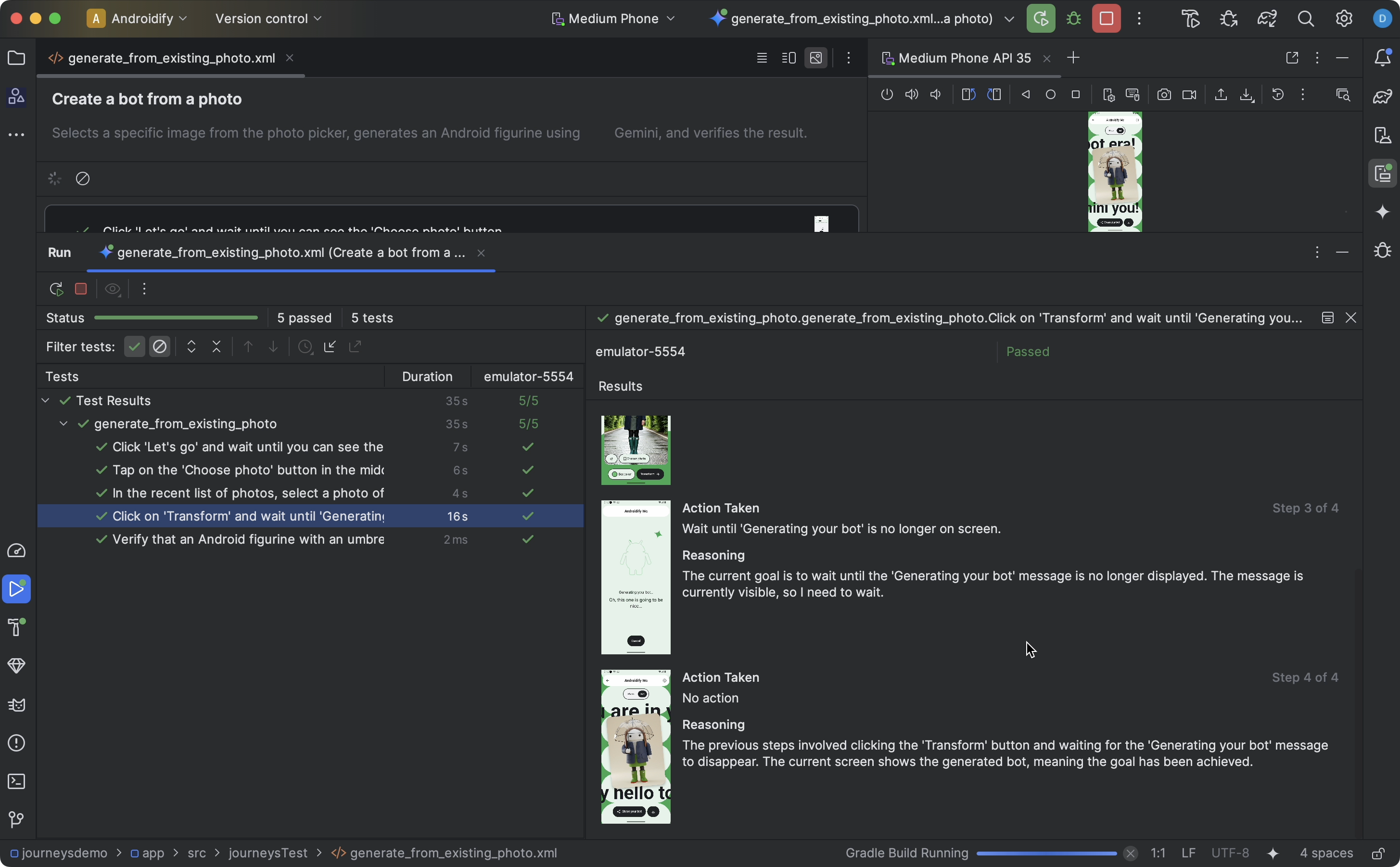 Android Studio 中的 Journey 测试结果面板,显示了步骤详细信息和 Gemini 的推理过程。