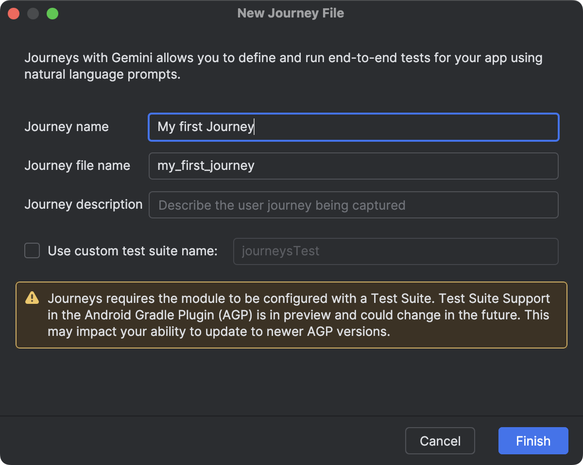 Android Studio 中用于创建历程文件的对话框。
