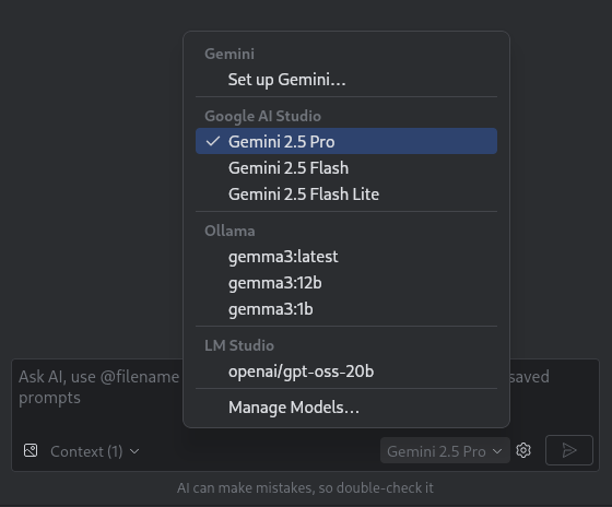 Android Studio Gemini 聊天窗口，显示了模型选择器，其中包含 Gemini 和本地模型的选项。