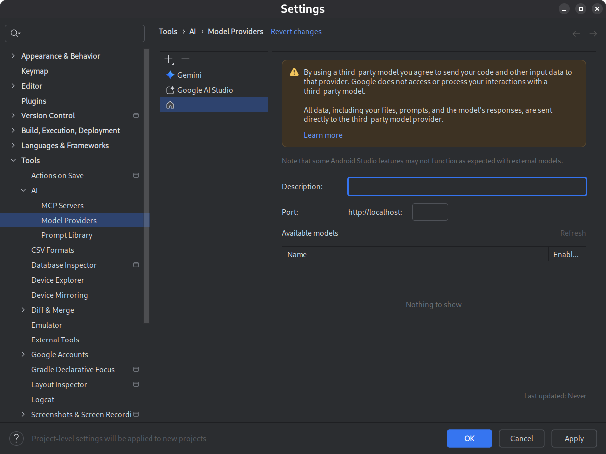 Android Studio 设置对话框，其中显示了 Gemini 部分，并提供了一个用于启用离线模式的选项。