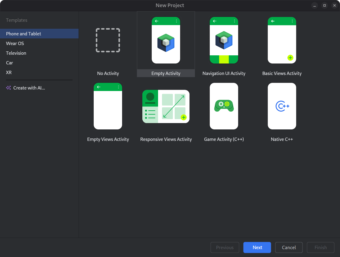 Dialog project baru, yang memiliki kartu untuk berbagai jenis
         template aplikasi, seperti Empty Activity, Navigation UI Activity, dan
         sebagainya. Dialog ini juga memiliki kontrol &#39;Buat dengan AI&#39;, yang
         mengaktifkan Gemini di Android Studio untuk menyiapkan project baru bagi
         Anda.