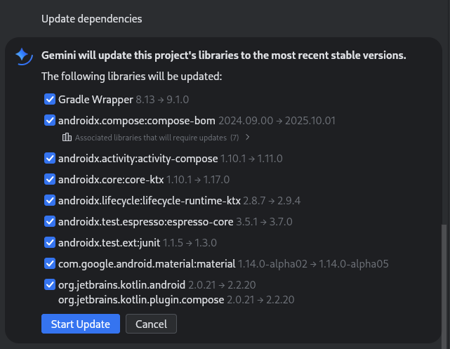 Android Studio 中的 Gemini 建议更新的库的清单。您可以取消选中相应内容，以将其从更新中移除。