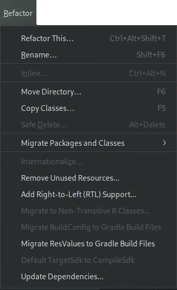 [リファクタリング] メニューに [依存関係の更新] メニュー項目が表示されている。