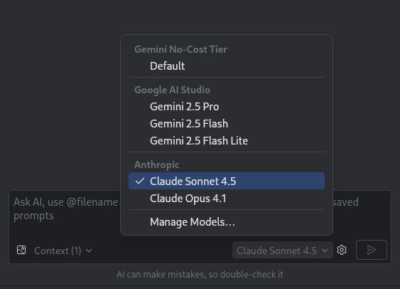 The model picker in the chat window showing a list of models from which you can choose.