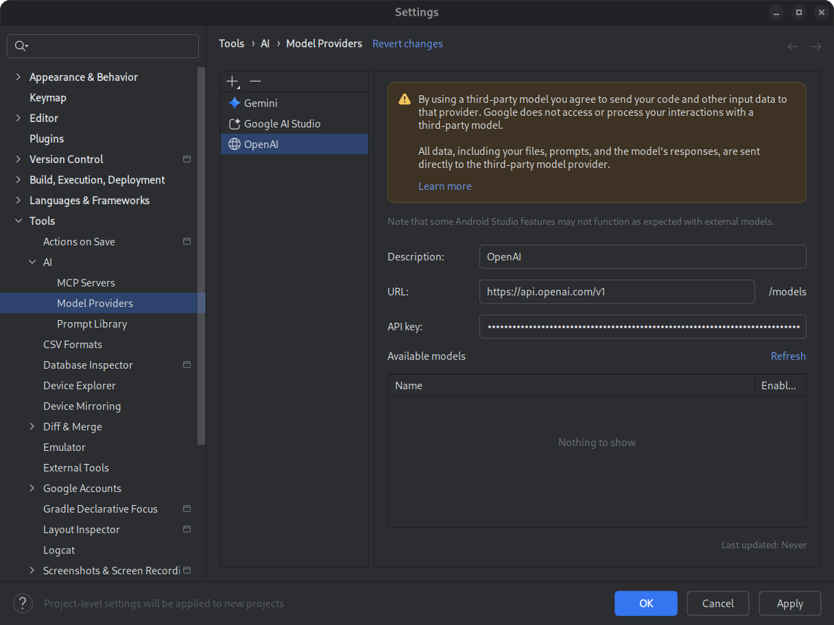 Settings dialog containing a form for entry of remote model provider information.