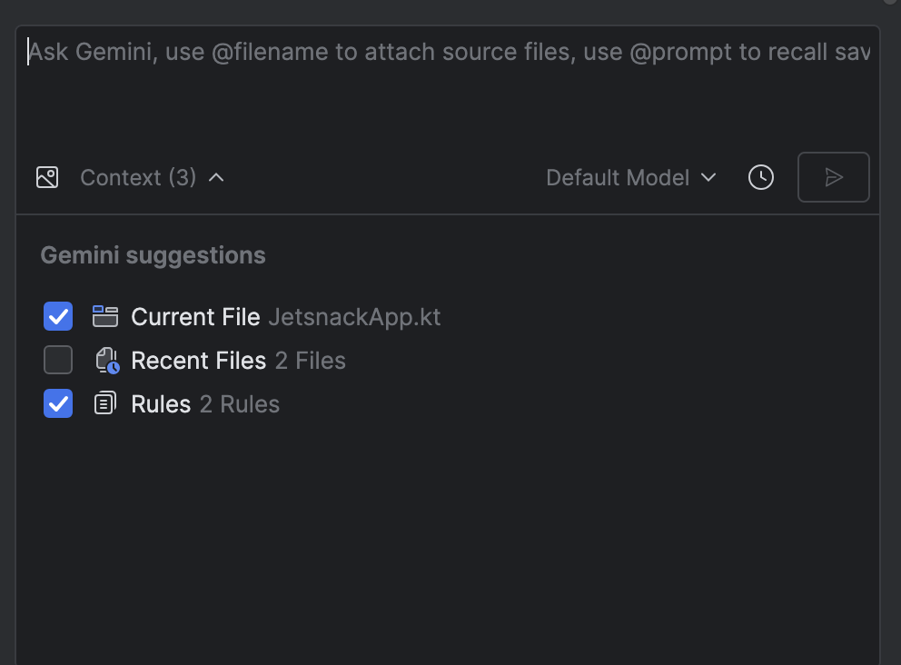 The Context dialog in the Gemini chat window, showing the Rules option enabled