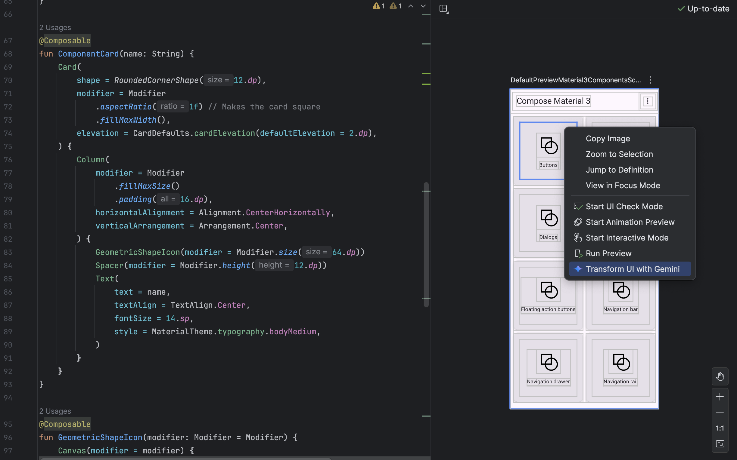 Android Studio 显示了一个 Compose 预览，其中包含所选的界面元素和 Gemini 对话。