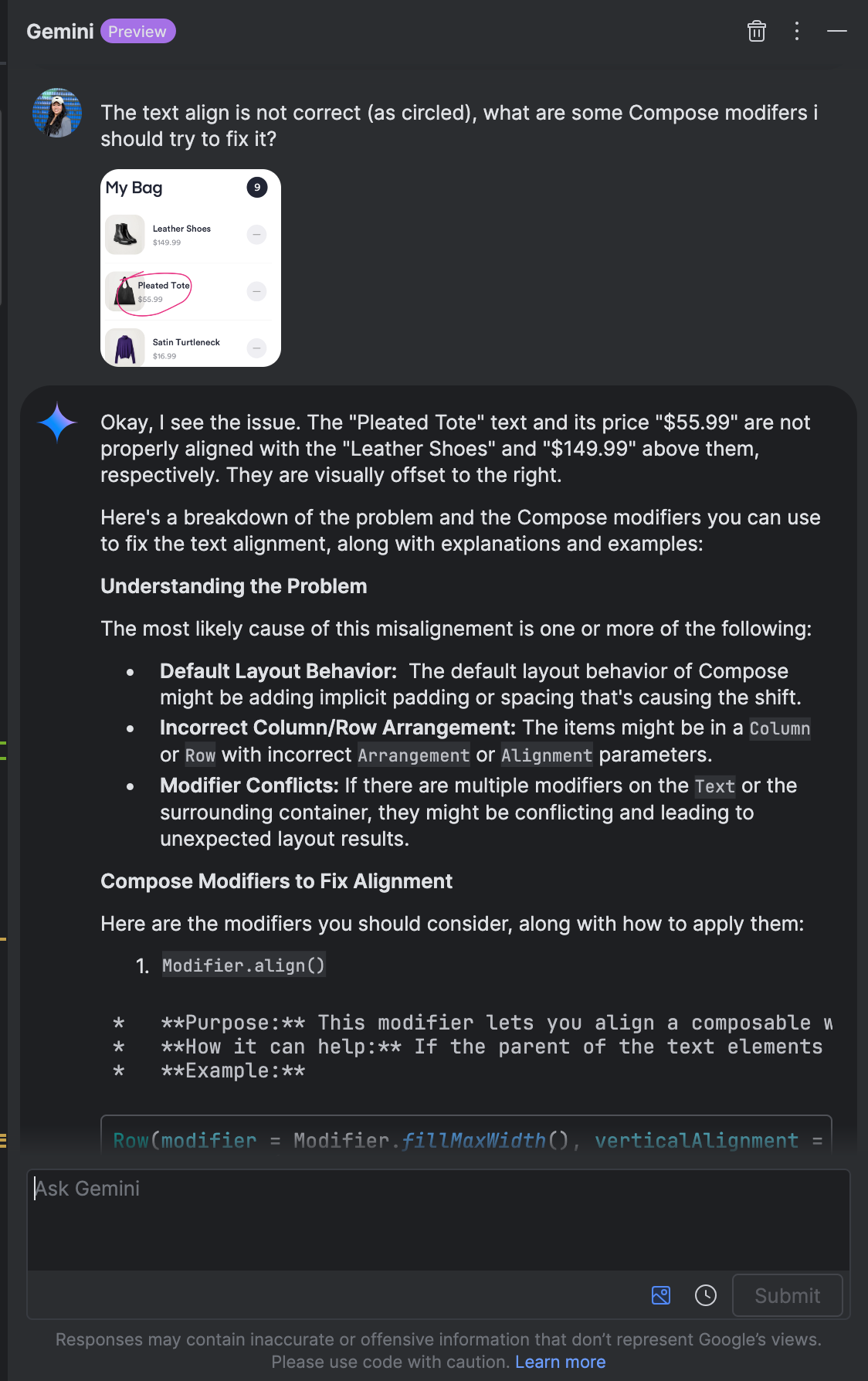 A mobile app screenshot showing a UI bug where a text element is overlapping or misaligned, highlighted with a red circle.