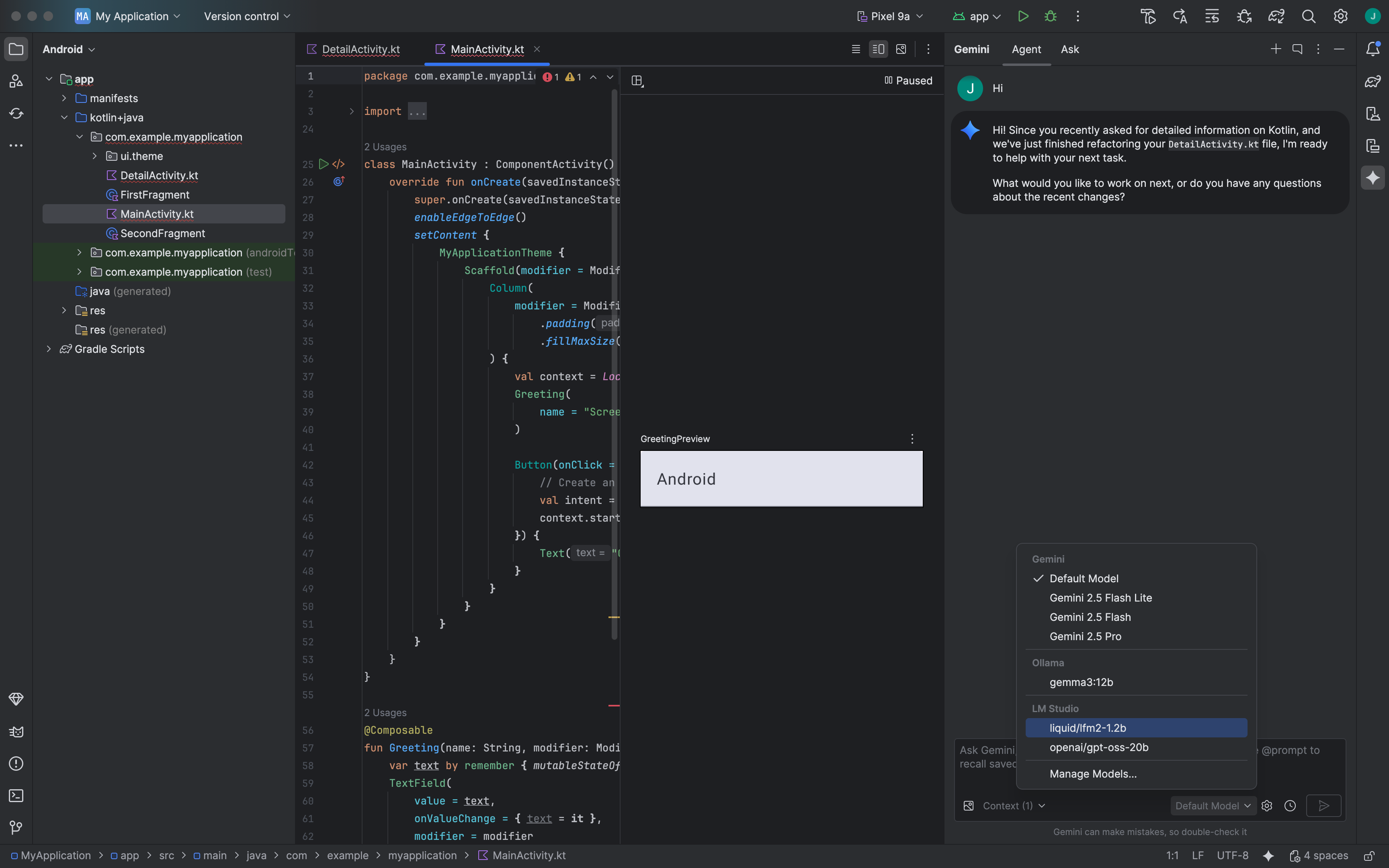 Android Studio Gemini 对话窗口，显示了模型选择器，其中包含 Gemini 和本地 LLM 的选项。