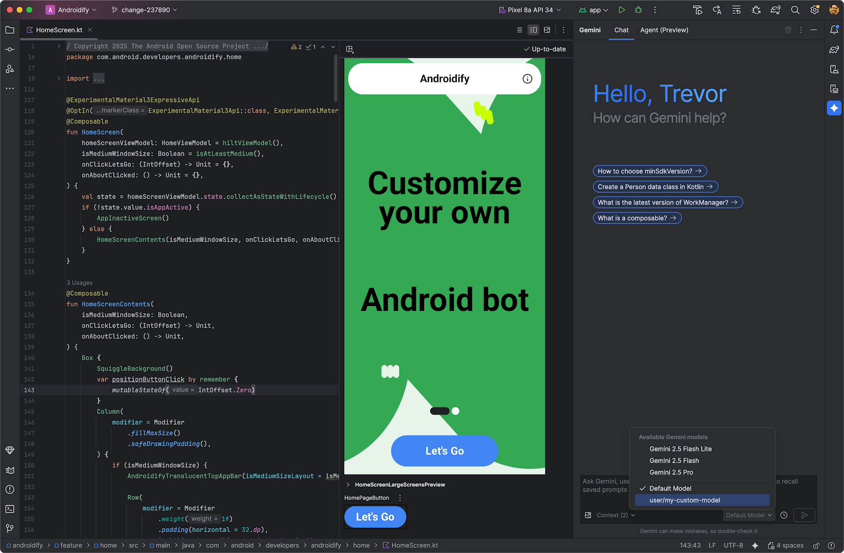 Окно чата Android Studio Gemini, в котором отображается средство выбора модели с вариантами для Gemini и локального LLM.