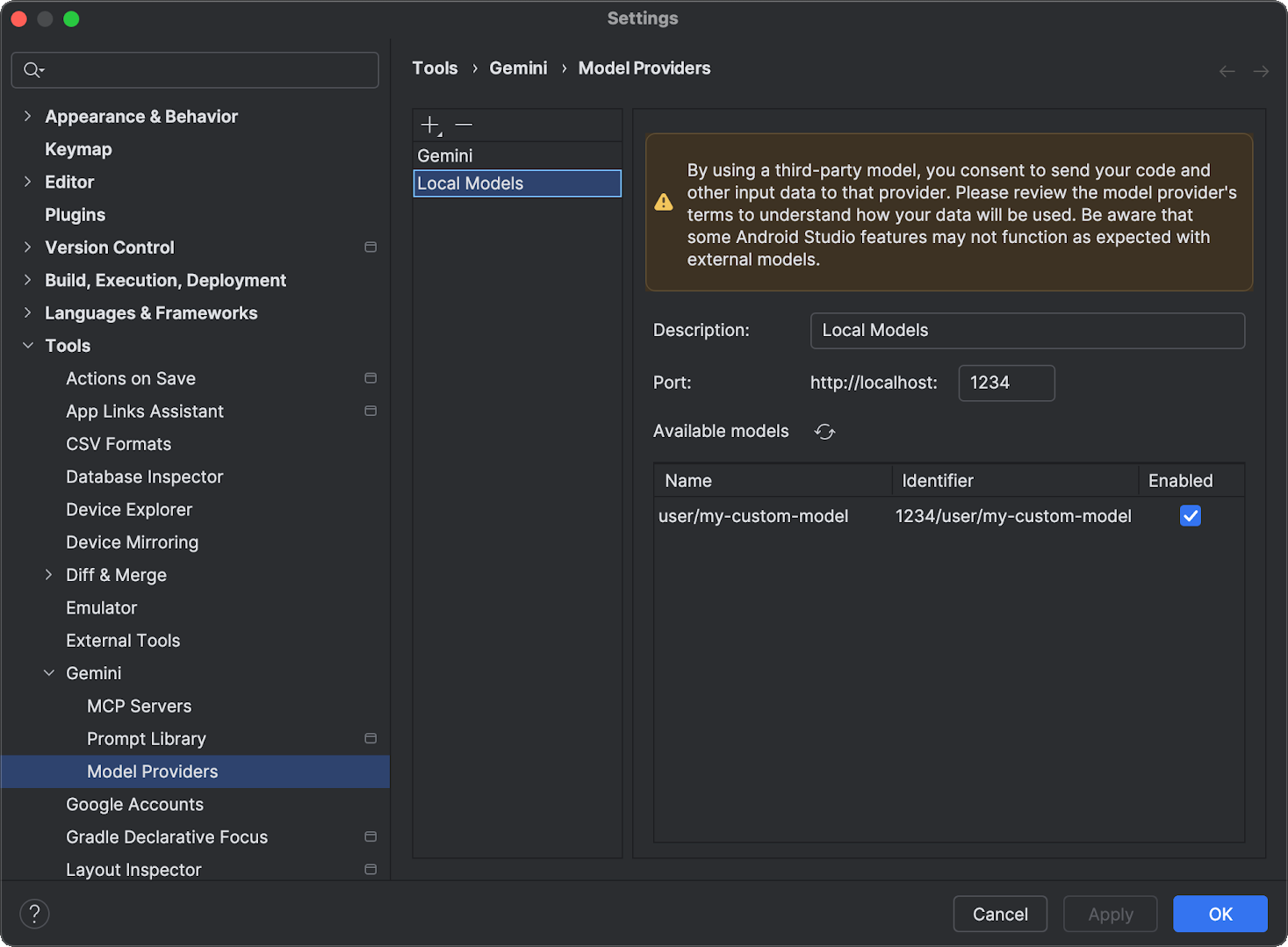 گفتگوی تنظیمات Android Studio که بخش Gemini را با گزینه ای برای فعال کردن حالت آفلاین نشان می دهد.