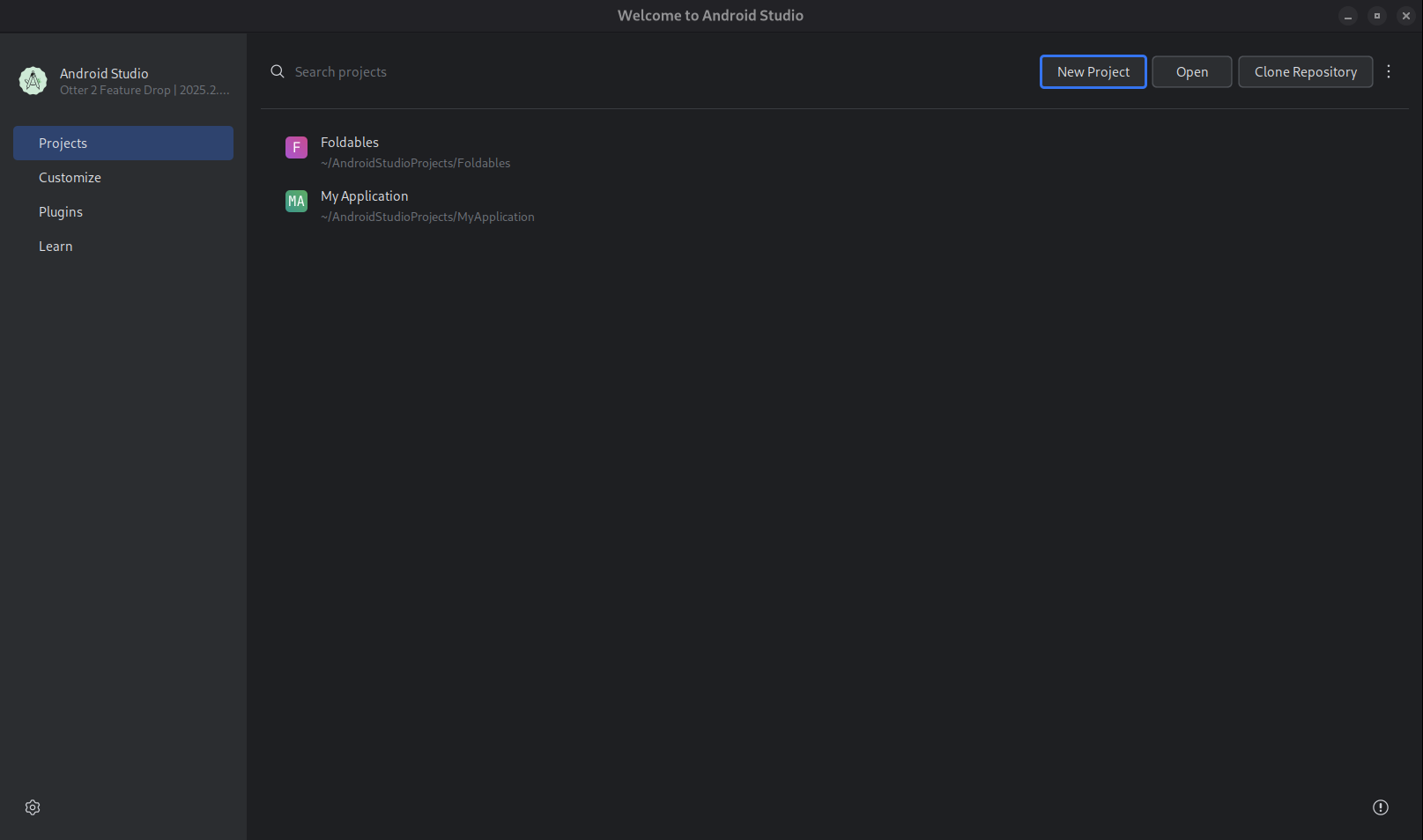 La schermata di benvenuto di Android Studio, che contiene i pulsanti Nuovo progetto, Apri e Clona repository.