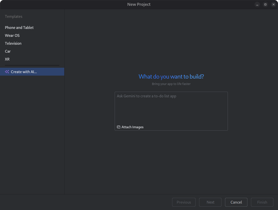 A caixa de diálogo "Criar com IA" com o comando: Um rastreador de fitness para um smartphone e um relógio, que acompanha corrida e ciclismo. A caixa de diálogo inclui botões para selecionar vários tipos de apps, incluindo um botão de tracker de condicionamento físico.