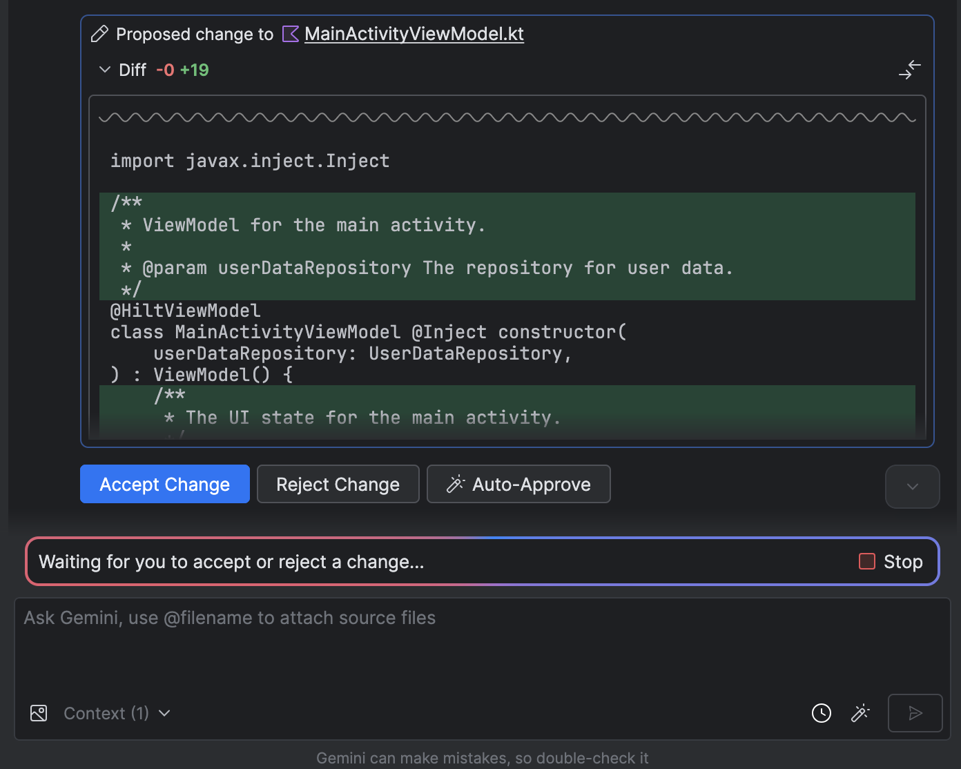 Le mode Agent vous permet d&#39;accepter ou de refuser une modification.