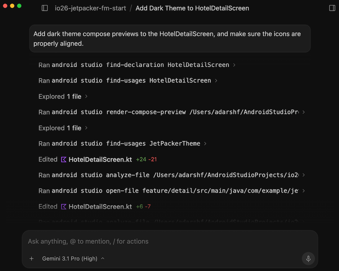 Diagram of an agent using the Android CLI to interact with the Android Studio IDE.