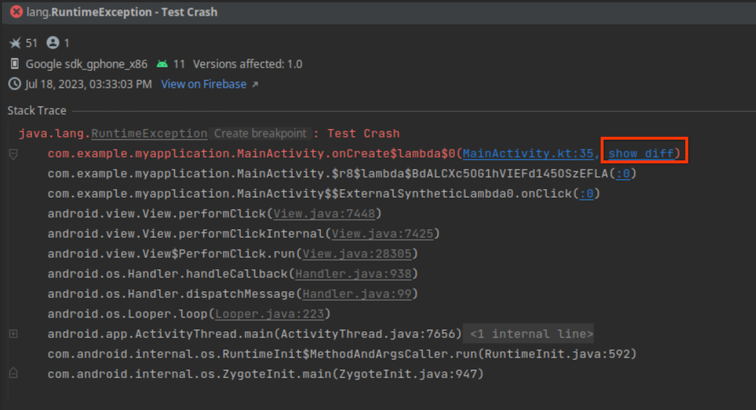 Option zum Anzeigen der Unterschiede im AQI-Stacktrace.