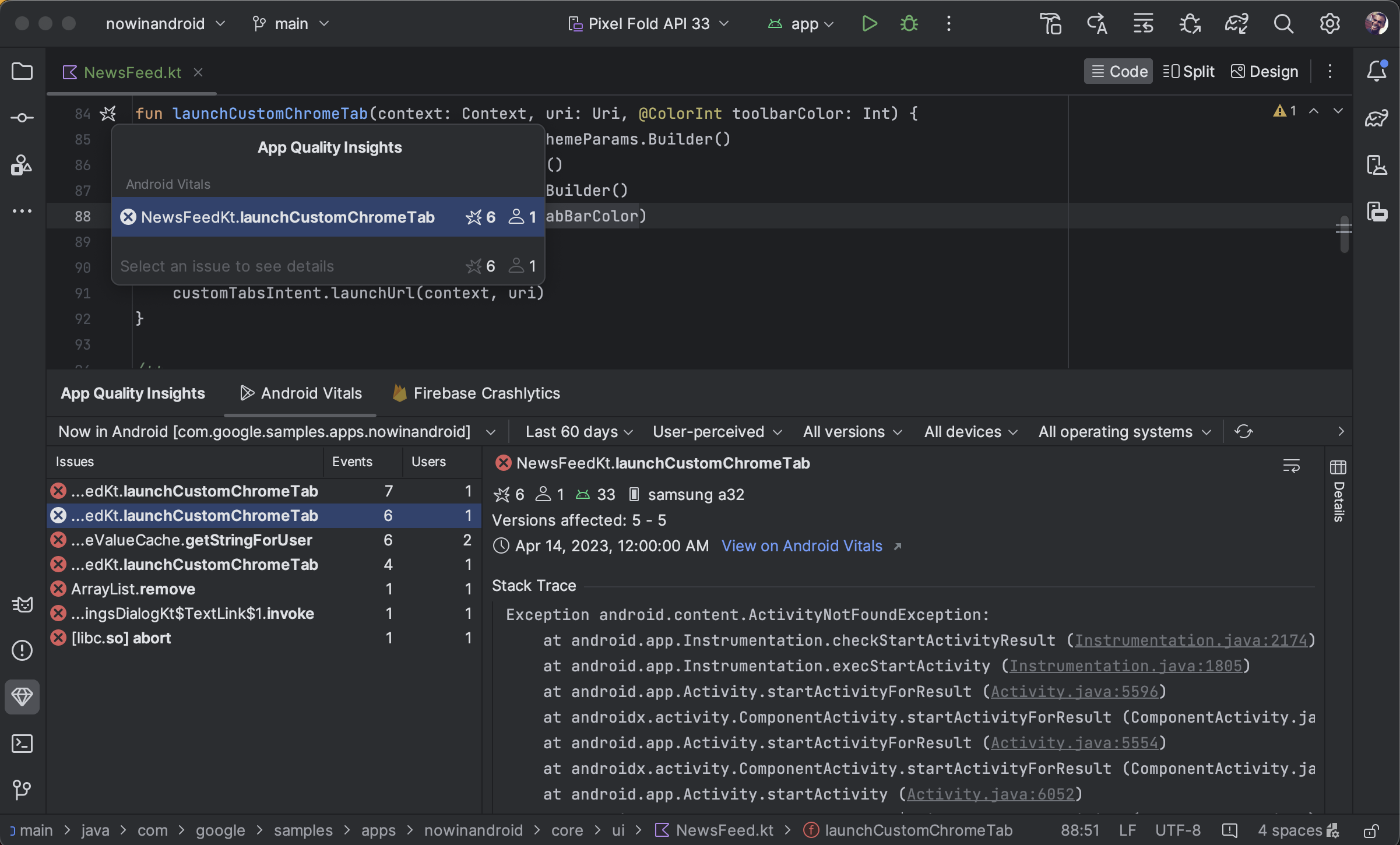 dane Android Vitals w Android Studio.