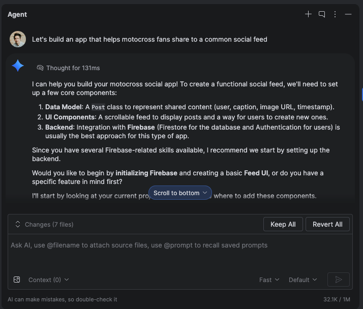 L'agente che guida un utente nella configurazione di Firebase Auth e Firestore nell'IDE.
