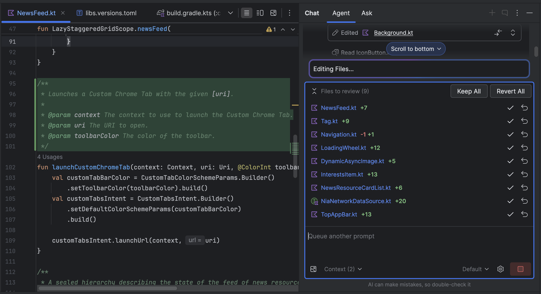 Vários arquivos com edições propostas no painel de mudanças.