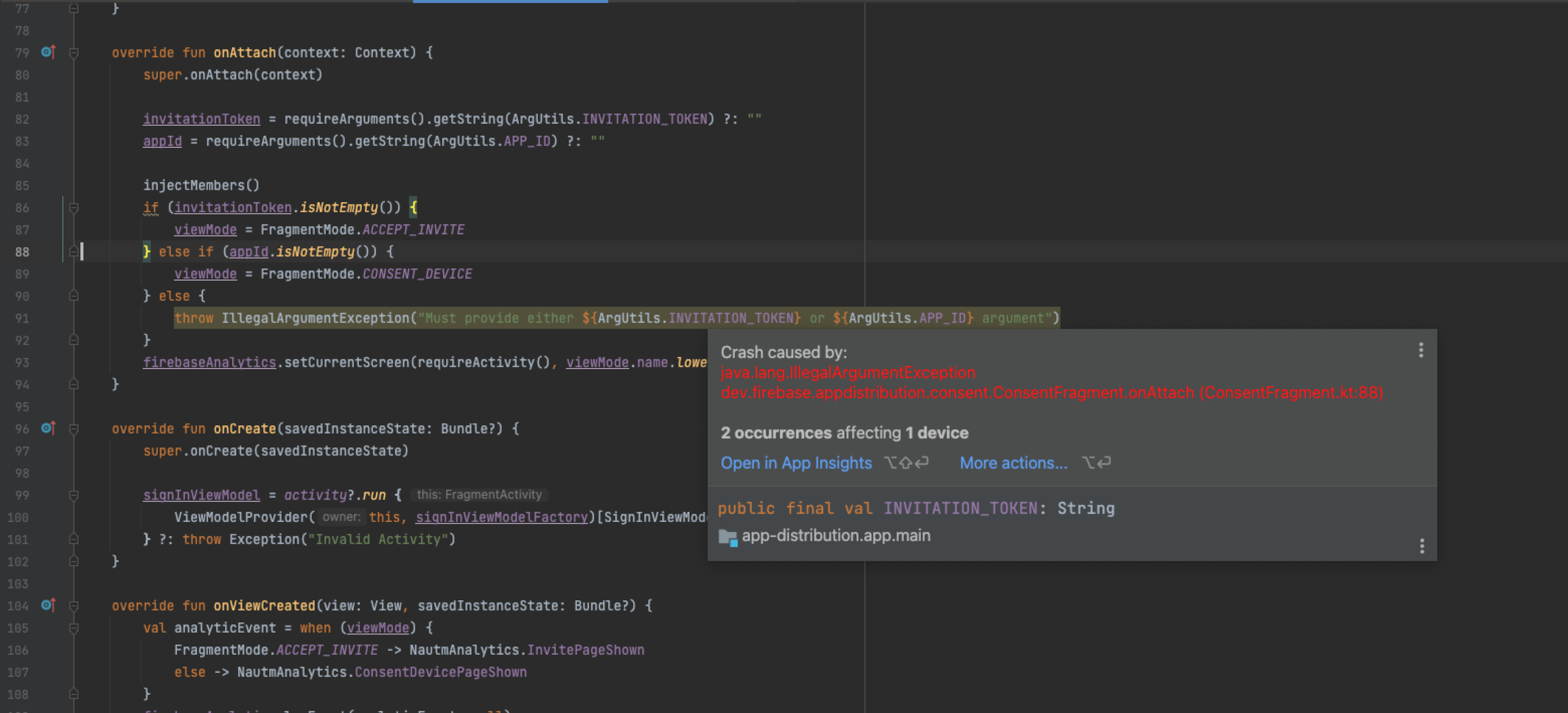 Crash-related code highlighted in the IDE