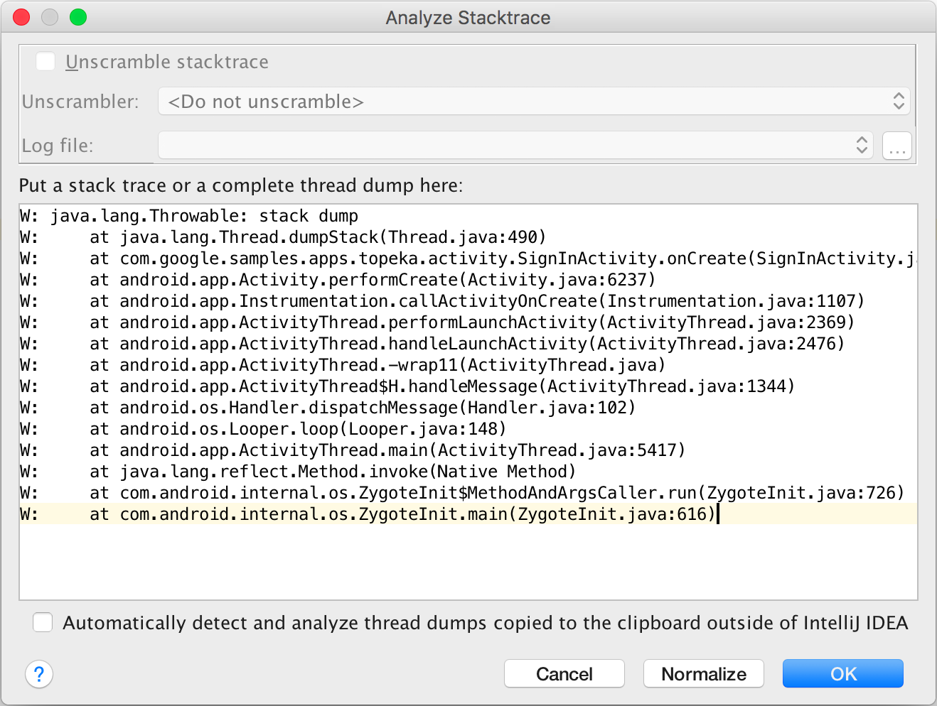 Analyze Stack Trace window