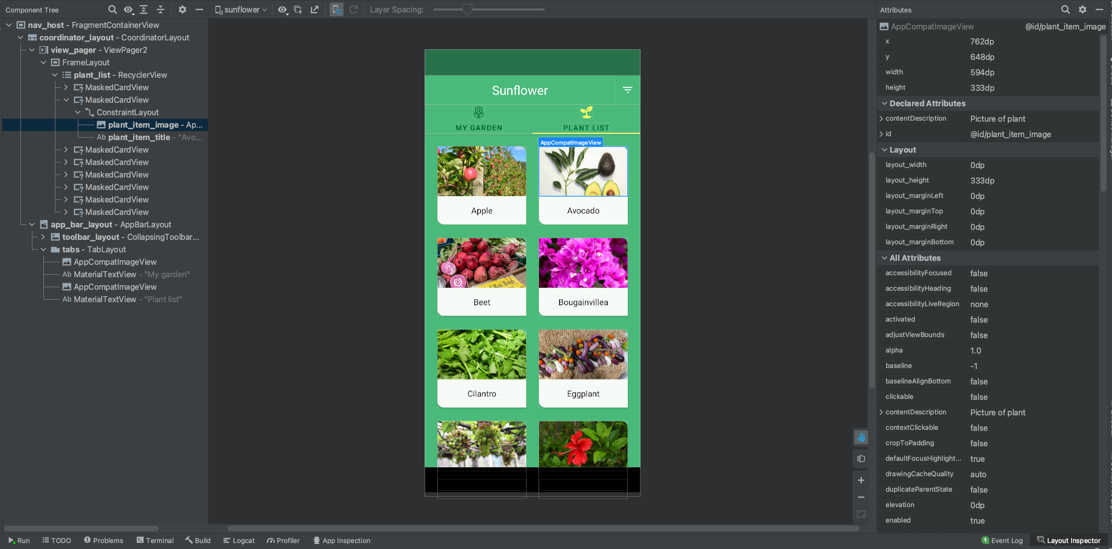 Snapshot des Layout-Inspectors für die Sunflower-Beispiel-App