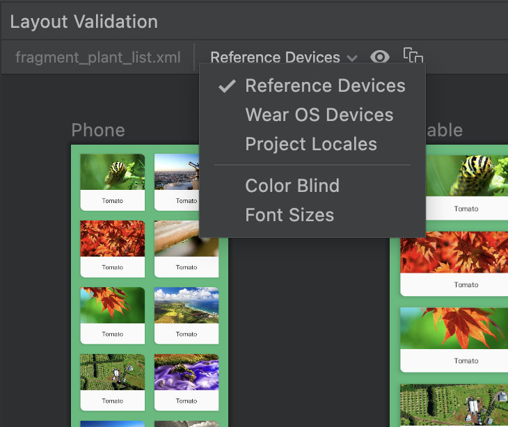 Capture d&#39;écran du menu déroulant de l&#39;outil de validation de mise en page