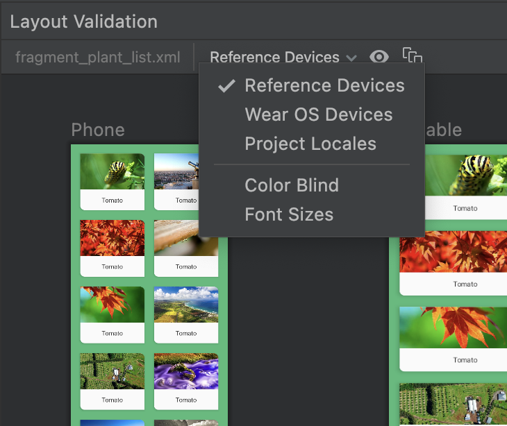 Captura de pantalla del menú desplegable de la herramienta de validación de diseño
