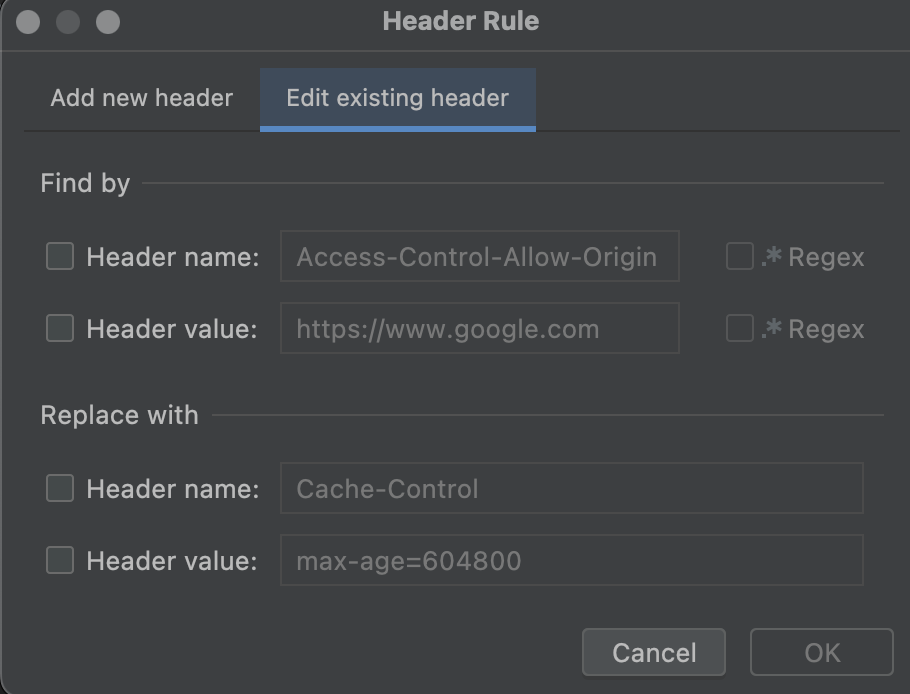 “Edit existing header”标签页