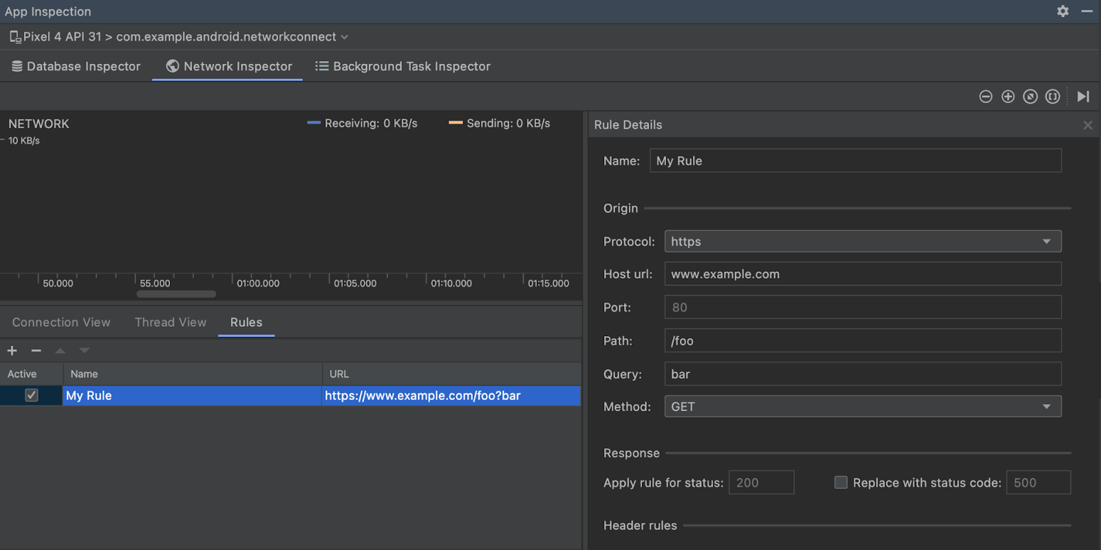 Panel Network Inspector Rules dan Rule Details