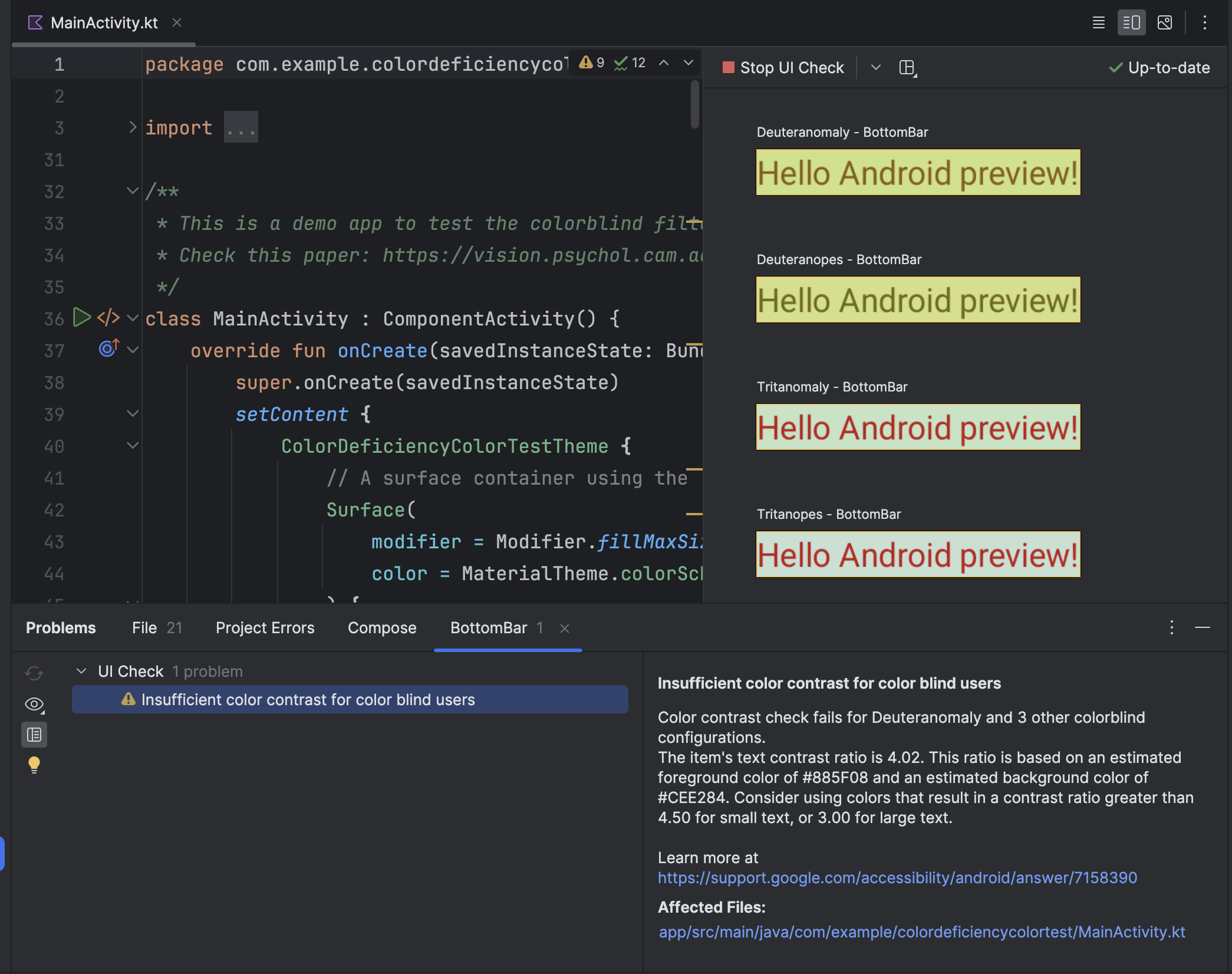 Esempio di controllo dell&#39;interfaccia utente di Compose per daltonici