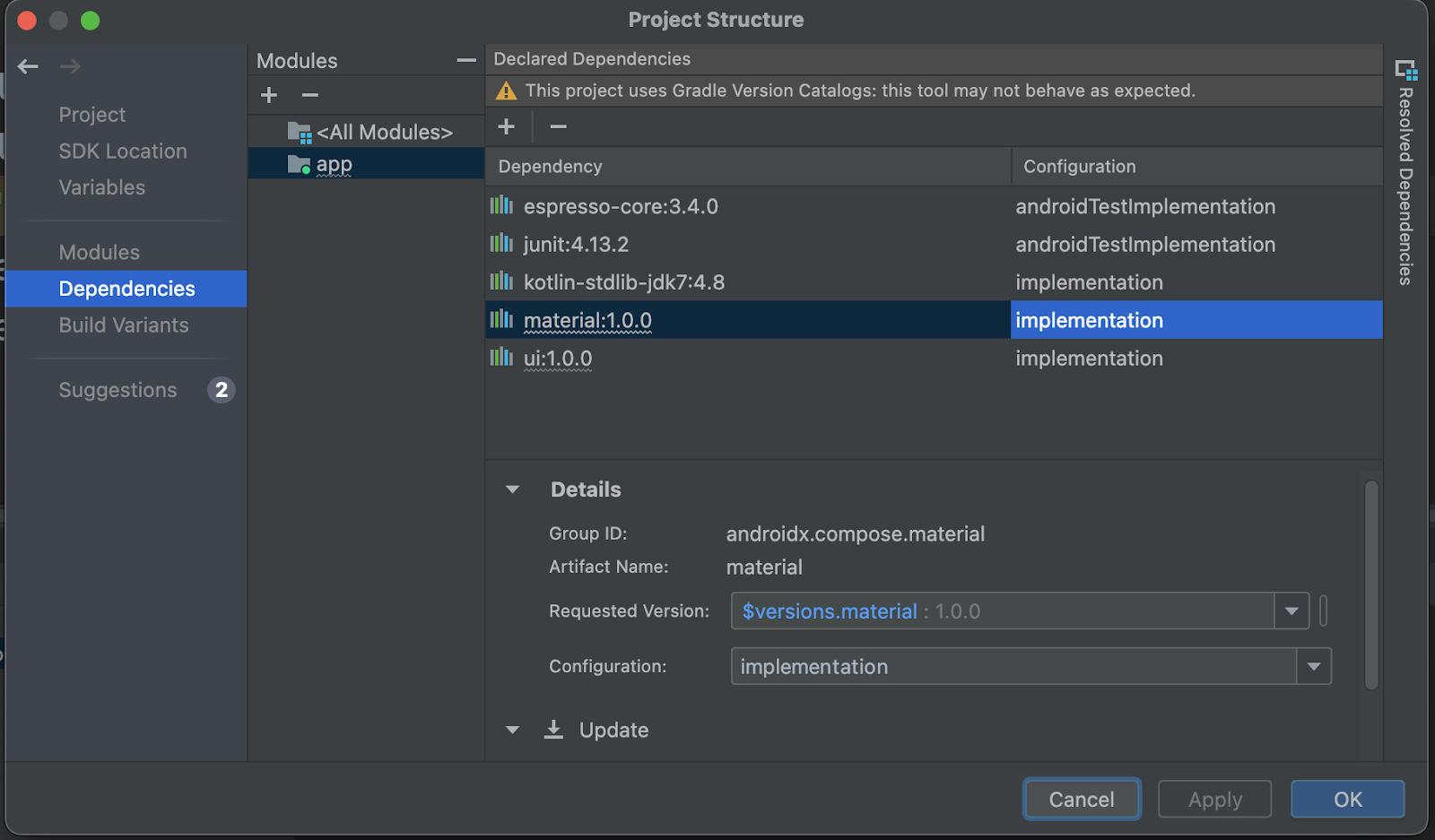 Dependencias de un catálogo de versiones en el diálogo Project Structure