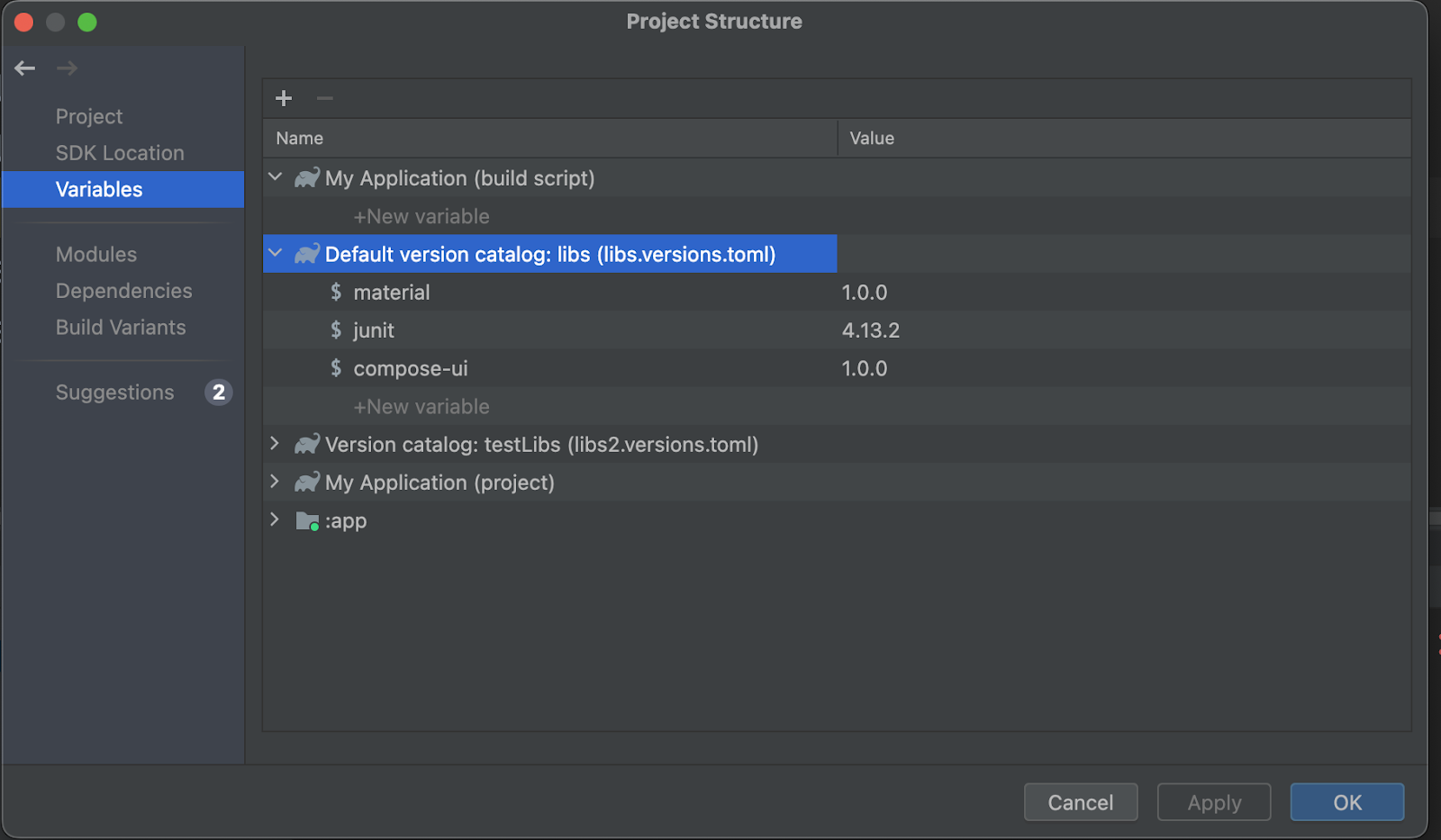 Project Structure 대화상자의 버전 카탈로그의 변수