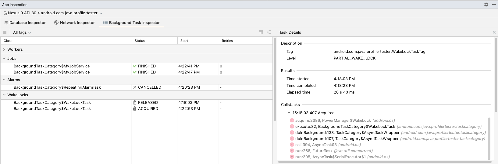 Background Task Inspector showing Jobs, Alarms, and Wakelocks