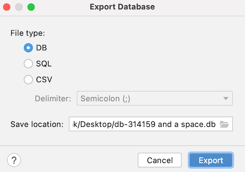 Finestra di dialogo Esporta database