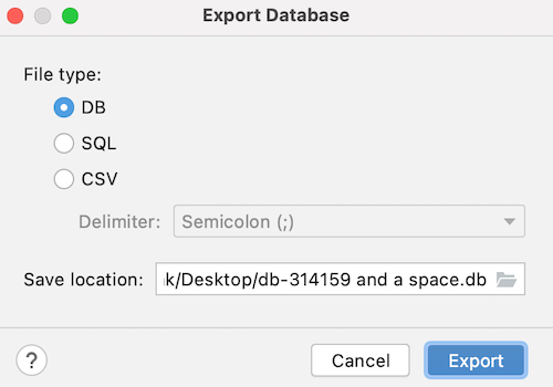[Export Database] ダイアログ ボックス