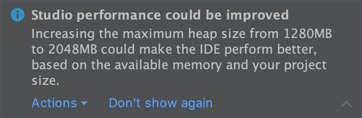 การตั้งค่าหน่วยความจำ ซึ่งให้คุณกำหนดค่า RAM สูงสุดสำหรับกระบวนการของ Android Studio ได้