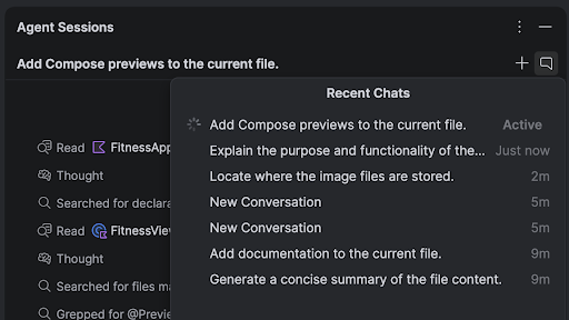 Android Studio showing multiple active chat threads in the tool window.