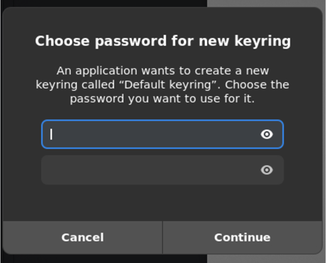 Escolher senha para novo exemplo de interface do usuário do keyring