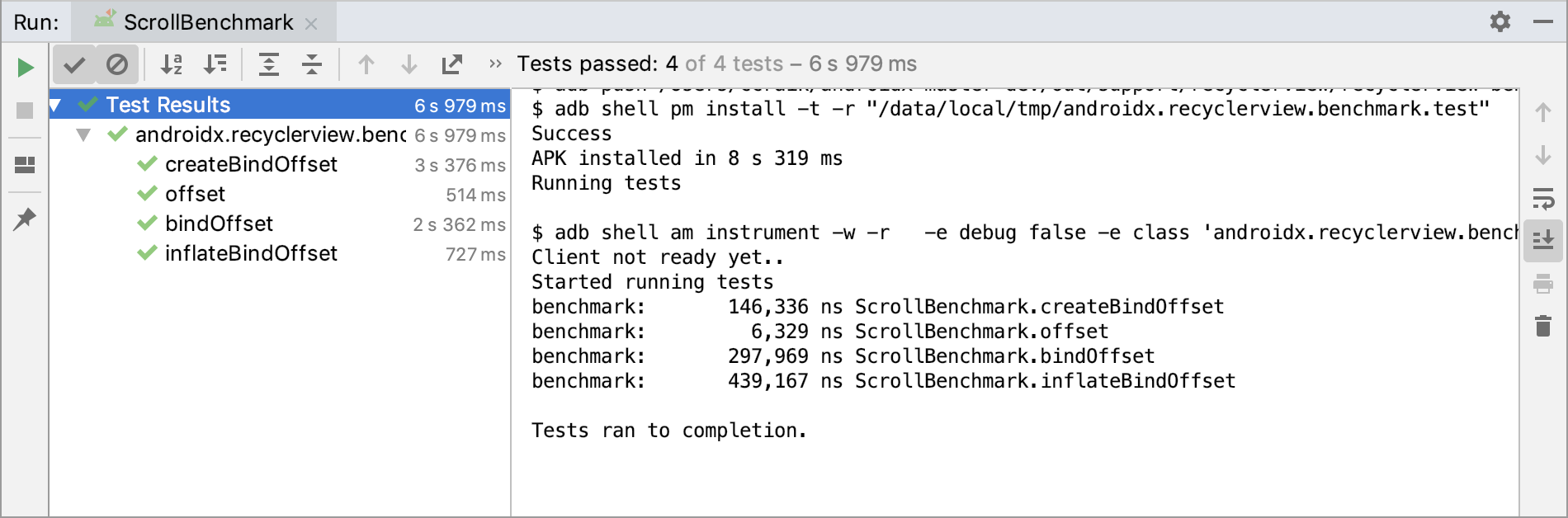 Output benchmark di Android Studio