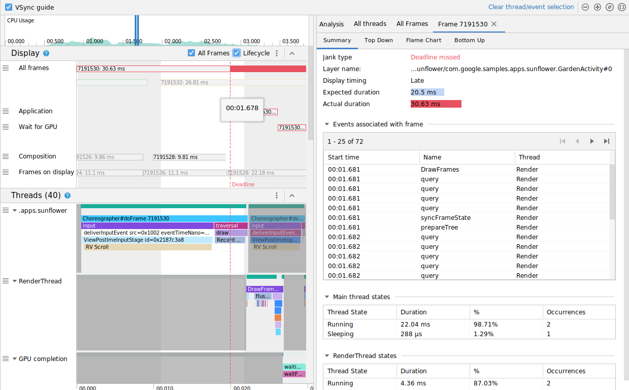 Captura de tela do CPU Profiler, como mostrado acima, mas com as caixas de seleção &quot;All Frames&quot; e &quot;Lifecycle&quot; marcadas