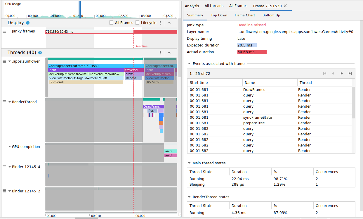 Screenshot of Profiler displaying Janky frames and main threads