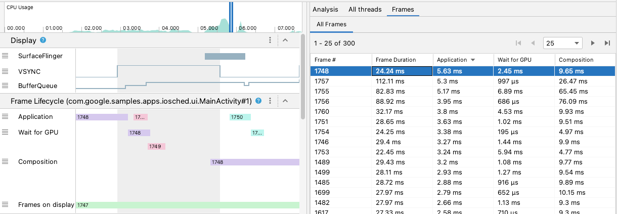 Timeline view alongside Frames table