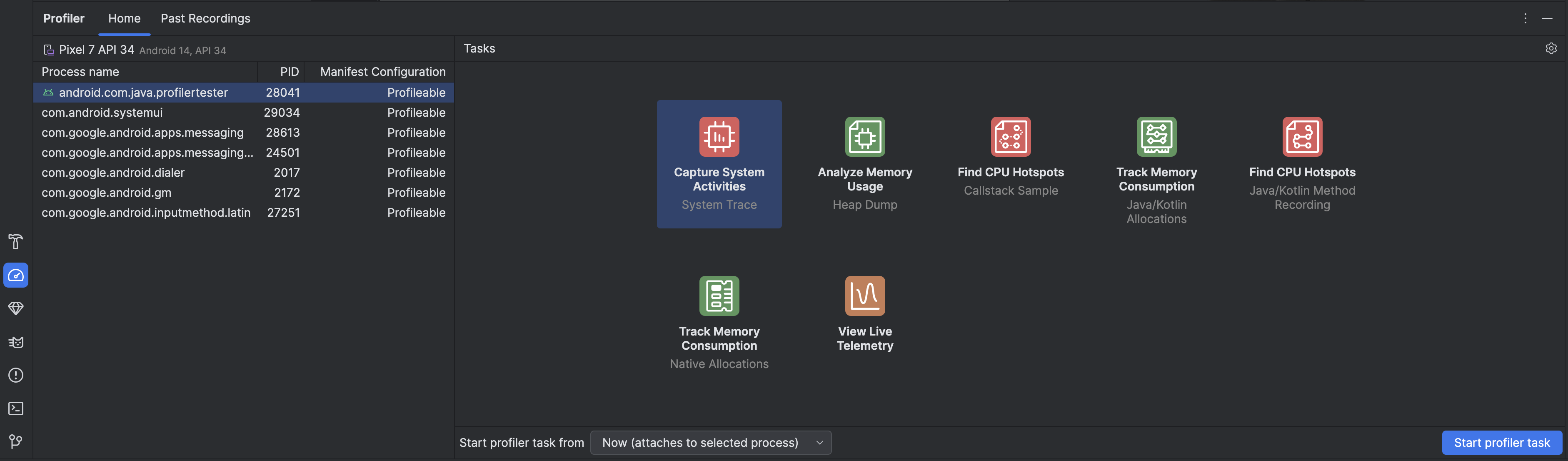 Profiler home tab