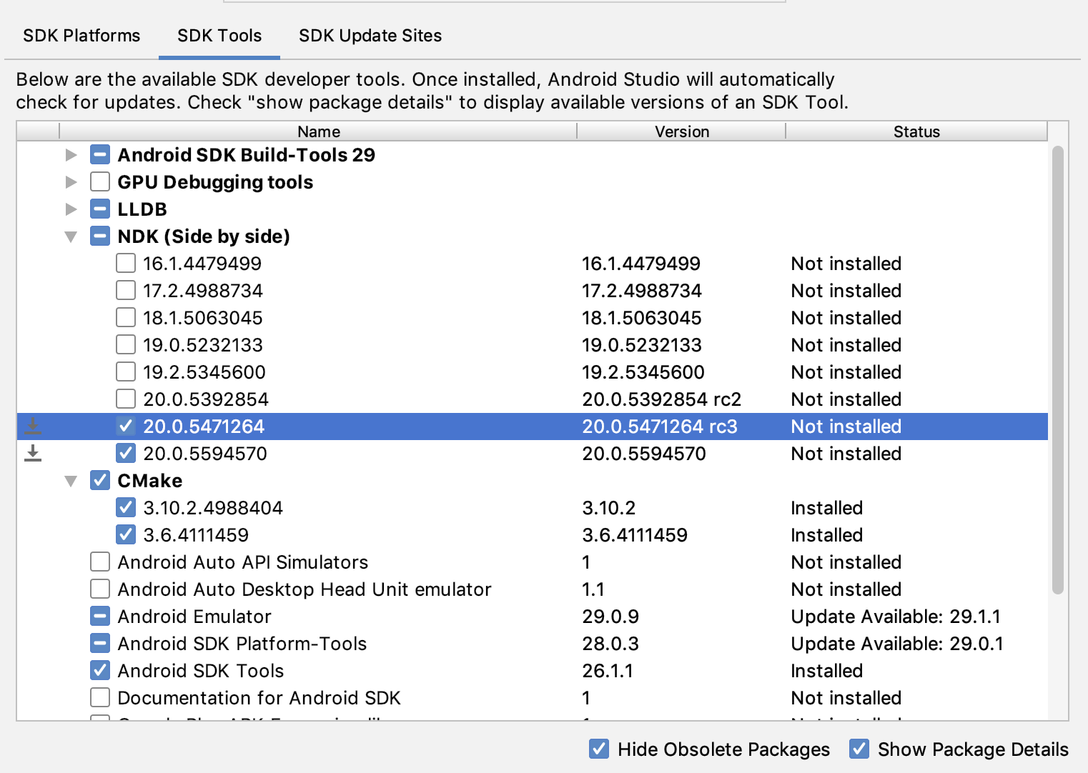 Obraz okna SDK Tools