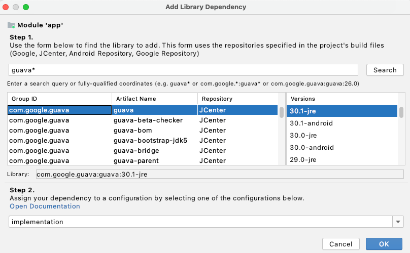 Add library dependency in the Project Structure
Dialog