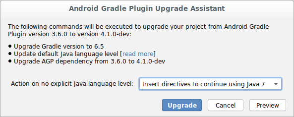 Diálogo del Asistente de actualización del complemento de Gradle para Android