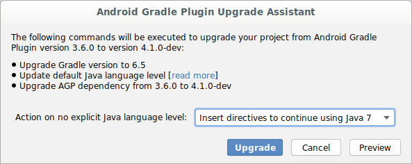 Okno dialogowe aktualizacji Asystenta aktualizacji wtyczki Androida do obsługi Gradle