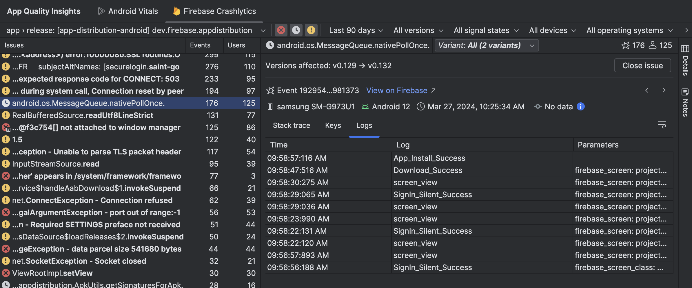 Multi-peristiwa, ANR, dan data kustom di App Quality Insights.